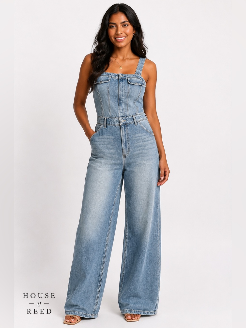 Fate Light Wash Denim Jumpsuit Wide Leg Overalls Women's Size M Trendy One Piece